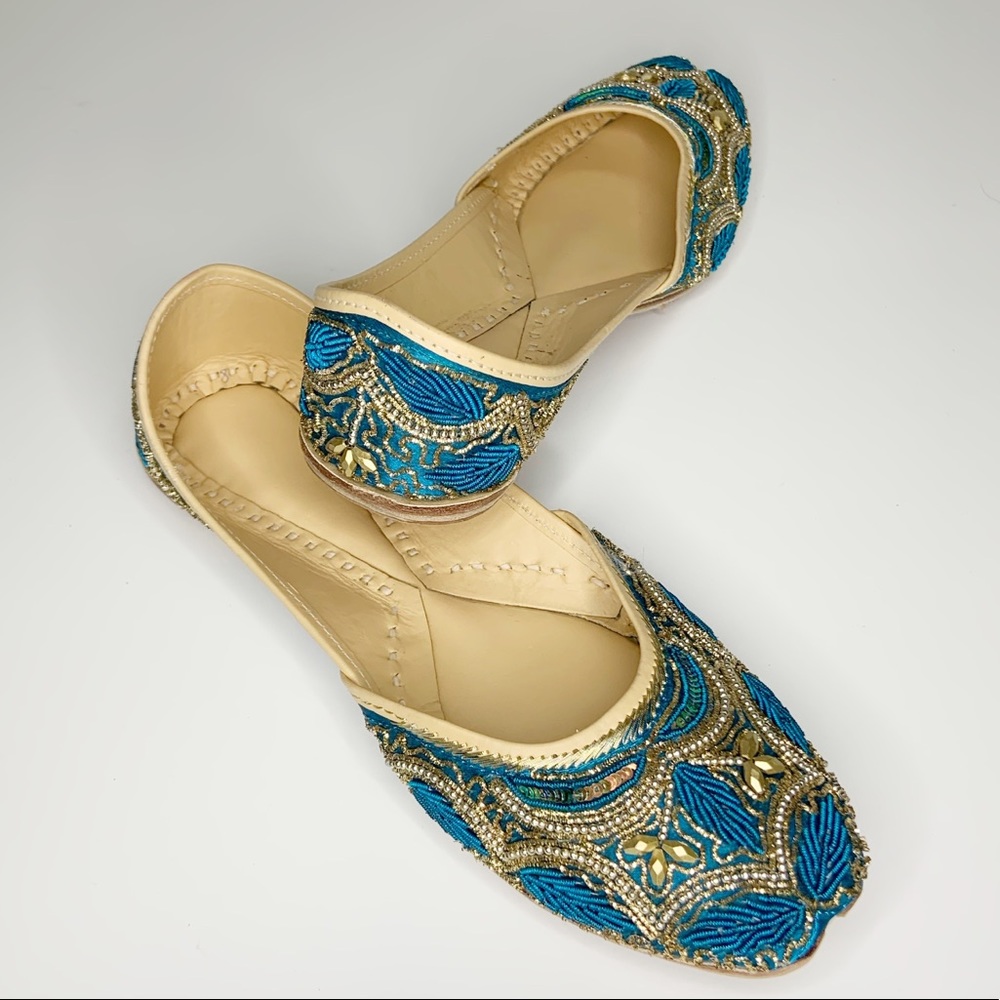 Indian Beaded Sequin Juties Jutti Shoes Blue Gold
